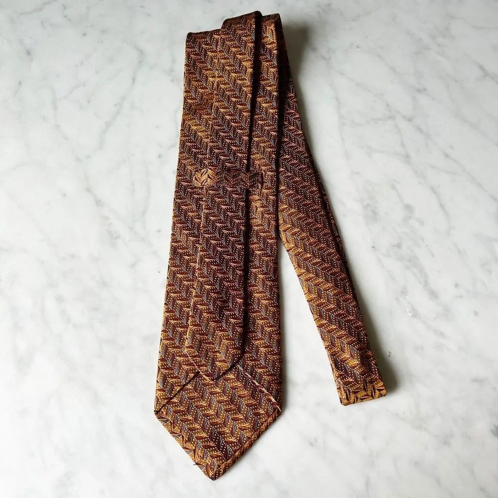 Ike Behar New York Neck Tie Silk Hand Tailored Geometric Dark Gold Red Blue